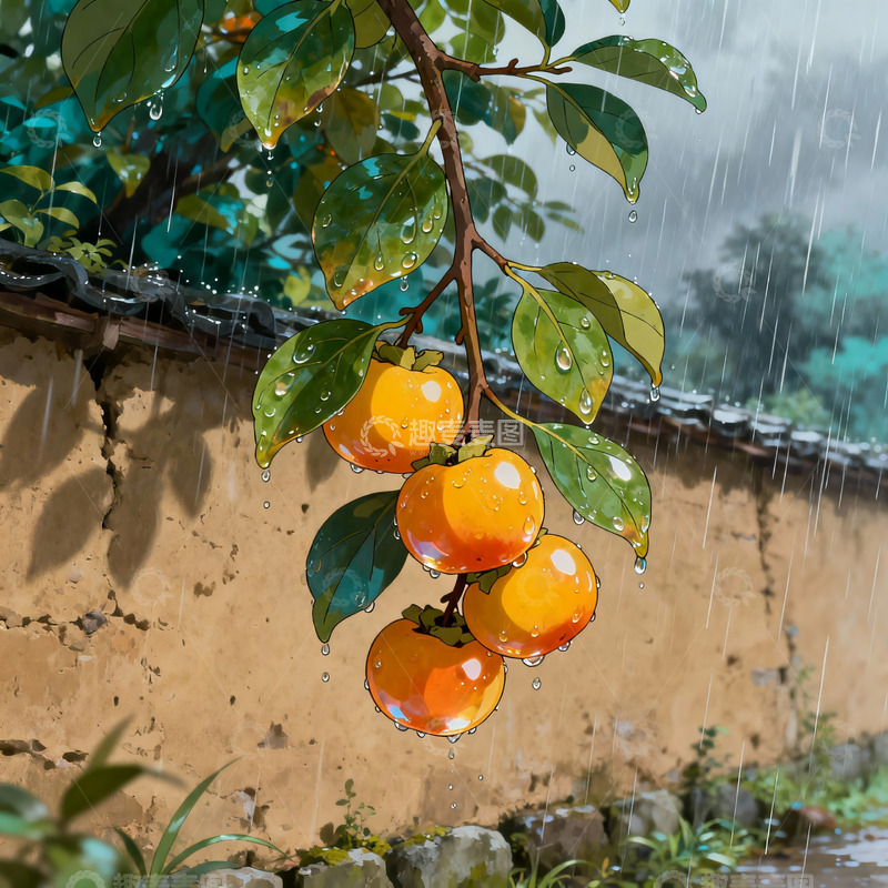 高清大图下载【趣麦麦图】-雨中柿子树插画3