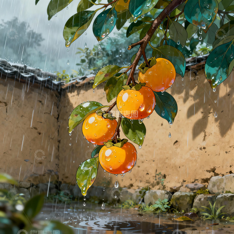 高清大图下载【趣麦麦图】-雨中柿子树插画2