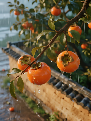 雨中柿子树插画1