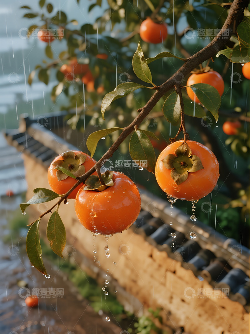 高清大图下载【趣麦麦图】雨中柿子树插画1