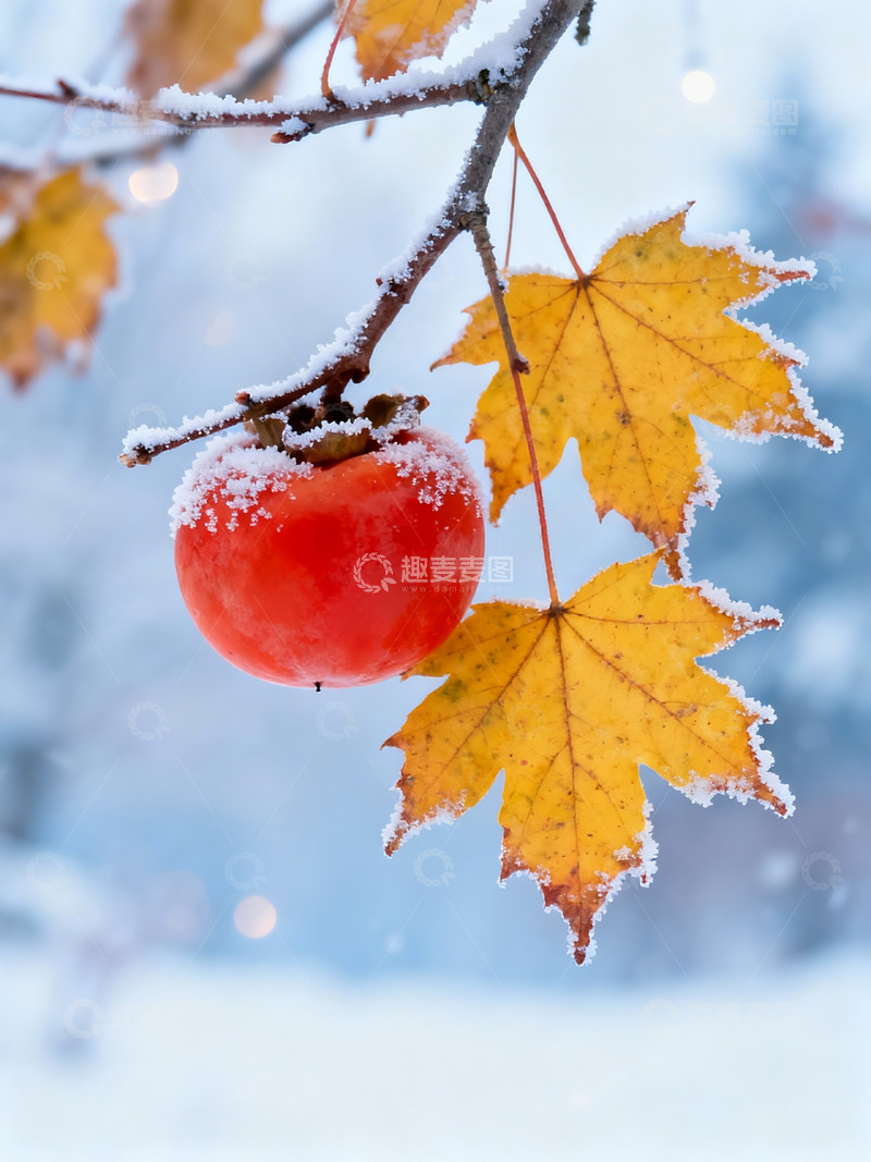 高清大图下载【趣麦麦图】带霜的柿子枝头悬挂