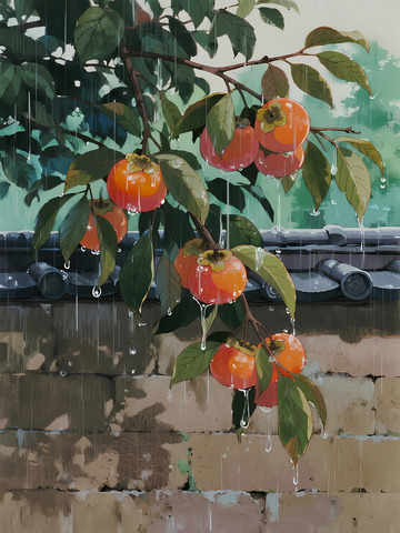 雨中柿子树插画