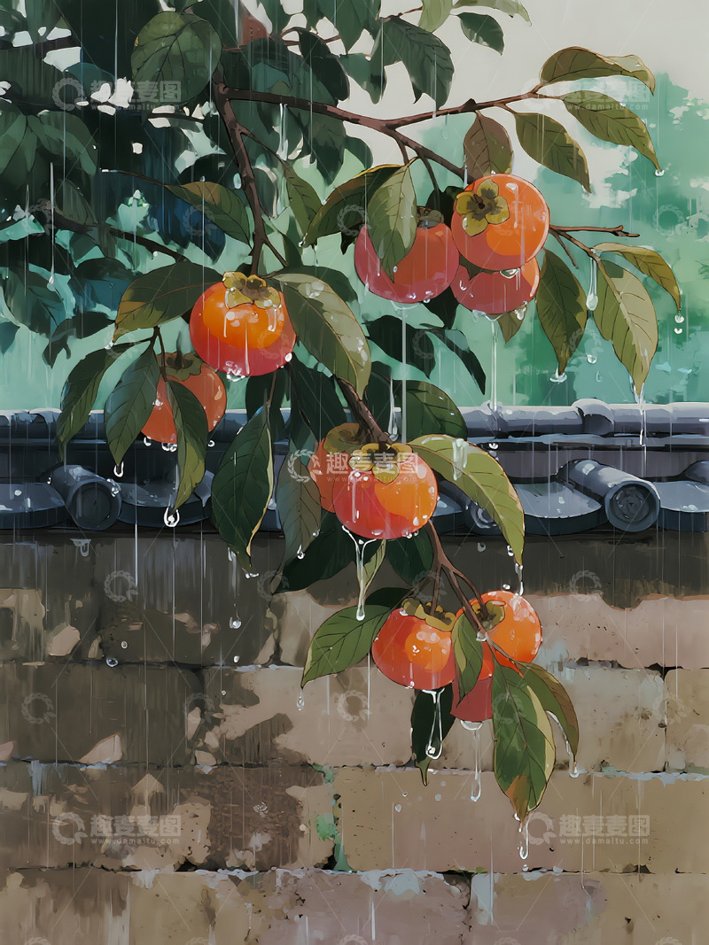 高清大图下载【趣麦麦图】雨中柿子树插画