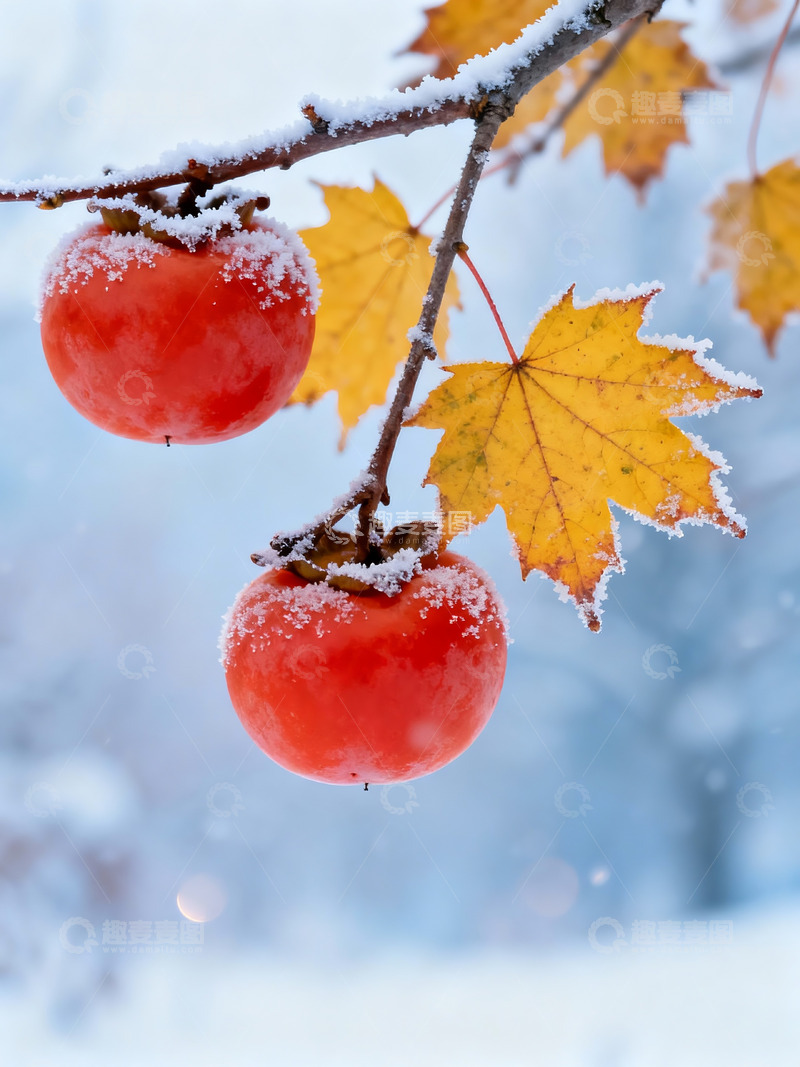 高清大图下载【趣麦麦图】带霜的红色柿子枝头悬挂