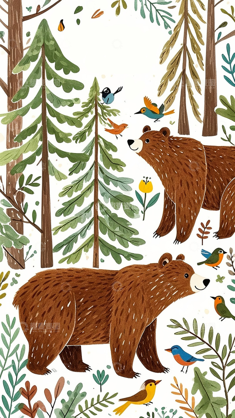 高清大图下载【趣麦麦图】棕熊森林植物花草5
