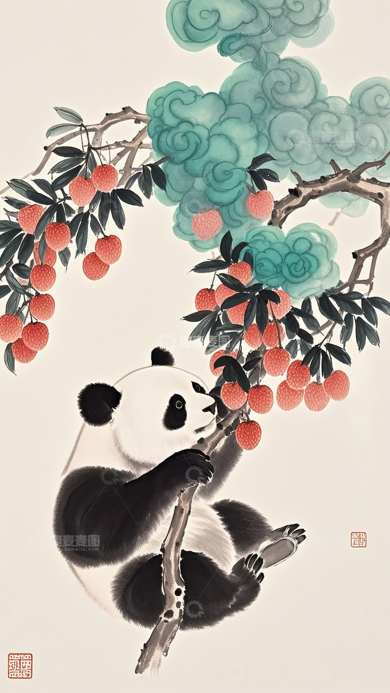高清大图下载【趣麦麦图】熊猫荔枝工笔画1