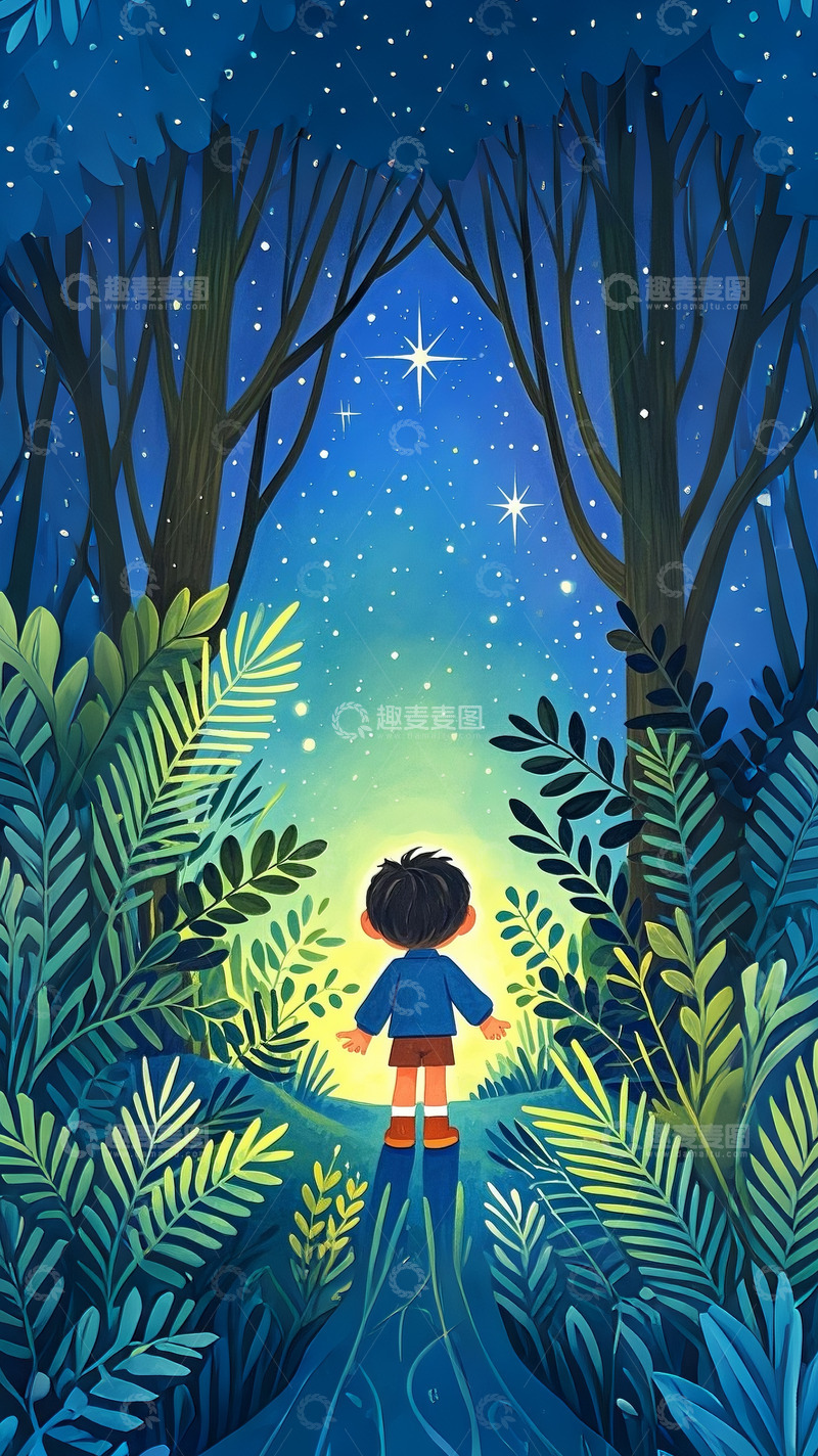 高清大图下载【趣麦麦图】森林孩子仰望星空5