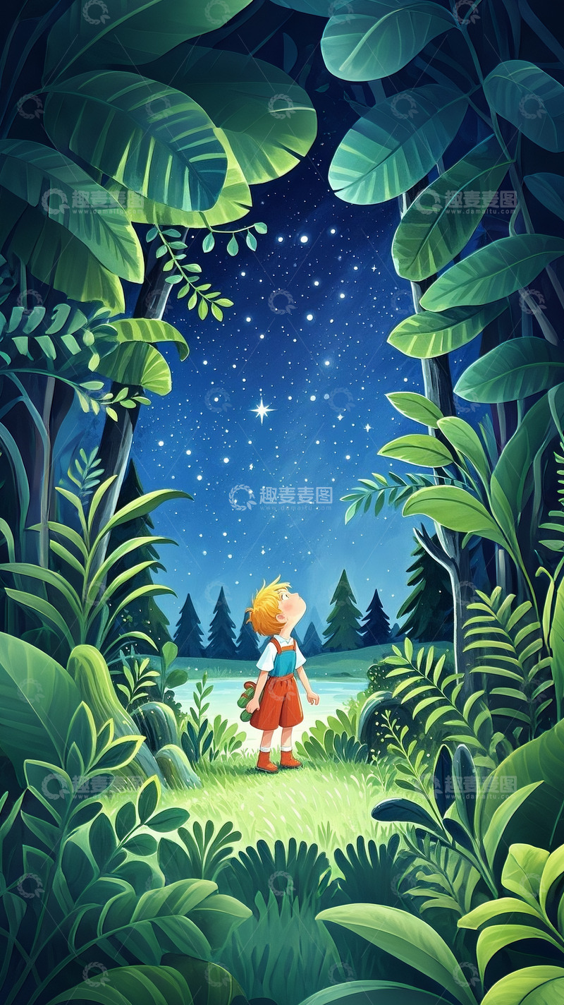 高清大图下载【趣麦麦图】森林孩子仰望星空2