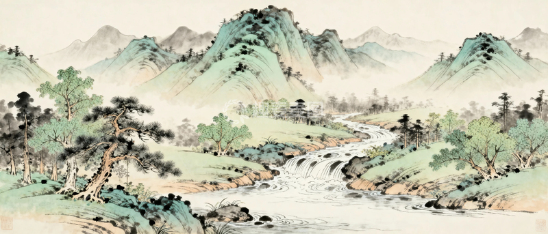 高清大图下载【趣麦麦图】国潮水墨山水画背景4