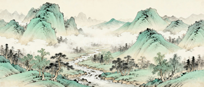 高清大图下载【趣麦麦图】国潮水墨山水画背景