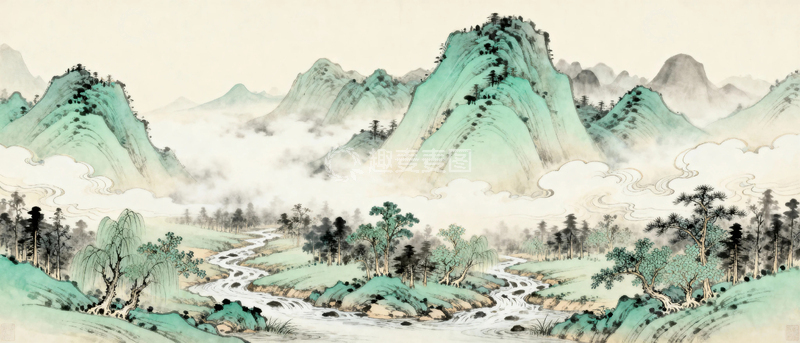 高清大图下载【趣麦麦图】-国潮水墨山水画背景2