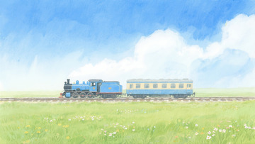 蓝天草地火车彩铅插画1