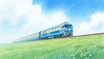 蓝天草地火车彩铅插画4
