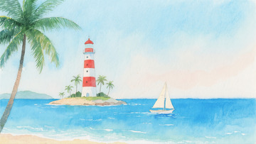 海边沙滩灯塔彩铅画1