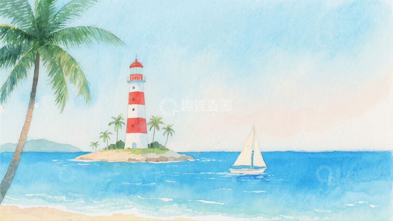 高清大图下载【趣麦麦图】-海边沙滩灯塔彩铅画1