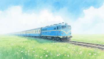 蓝天草地火车彩铅插画2