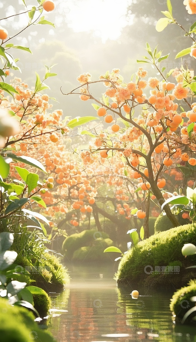 高清大图下载【趣麦麦图】杏树小溪植物背景5