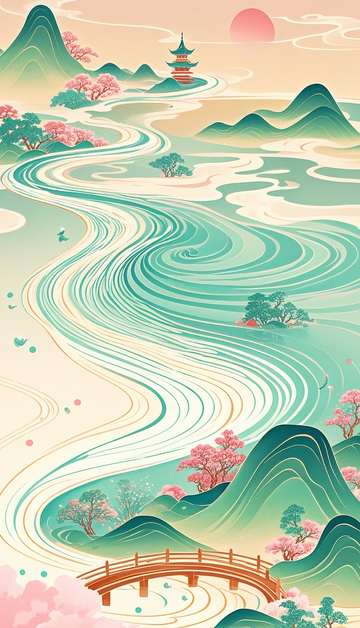 粉绿祖国山河插画1