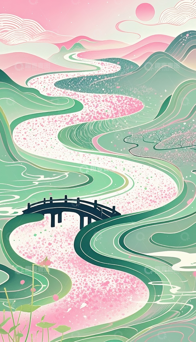 高清大图下载【趣麦麦图】粉绿祖国山河插画2