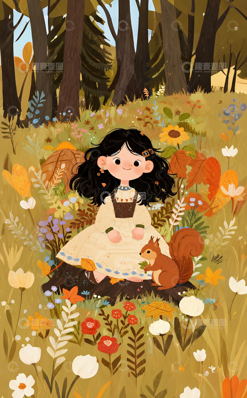 高清大图下载【趣麦麦图】森林女孩松鼠插画