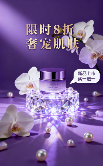紫色兰花珍珠防晒产品促销电商海报