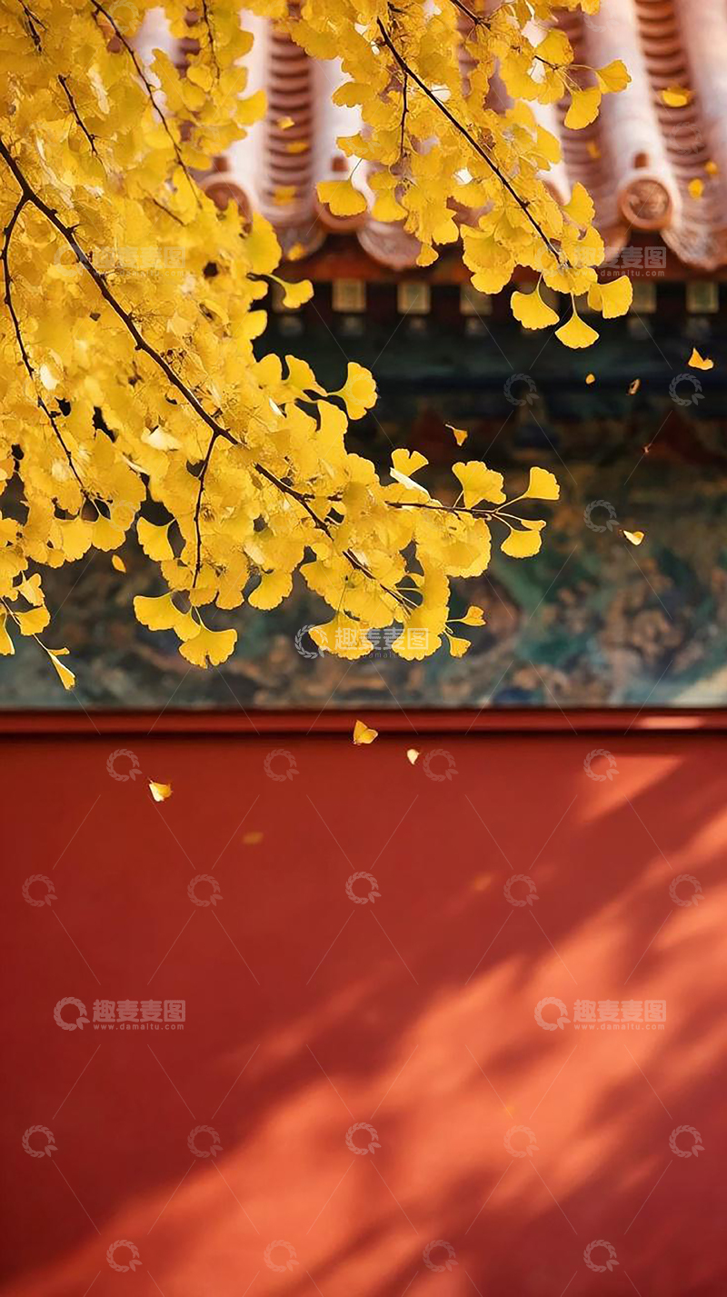 高清大图下载【趣麦麦图】古风银杏红墙秋天