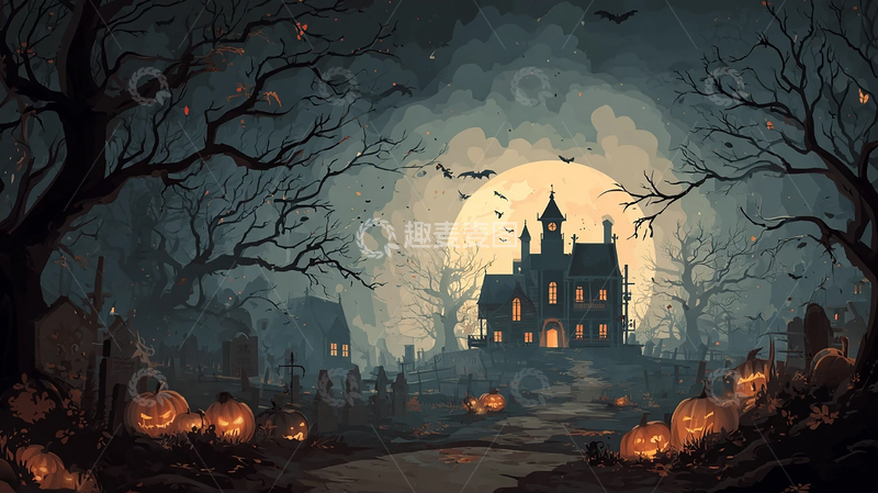 高清大图下载【趣麦麦图】阴森恐怖的南瓜鬼屋夜景