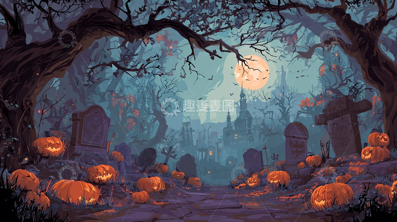 高清大图下载【趣麦麦图】幽灵南瓜的阴森墓地