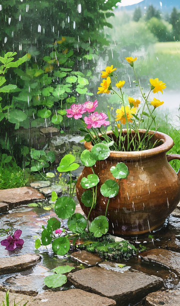 雨天的铜钱草盆栽