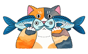 卡通猫鱼互动插画