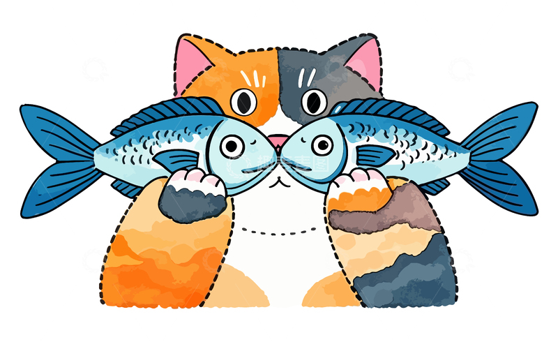 卡通猫鱼互动插画