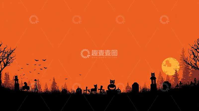 高清大图下载【趣麦麦图】橙色背景满月惊悚