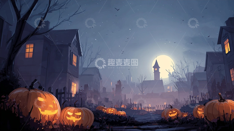 高清大图下载【趣麦麦图】夜晚南瓜灯的万圣节村庄