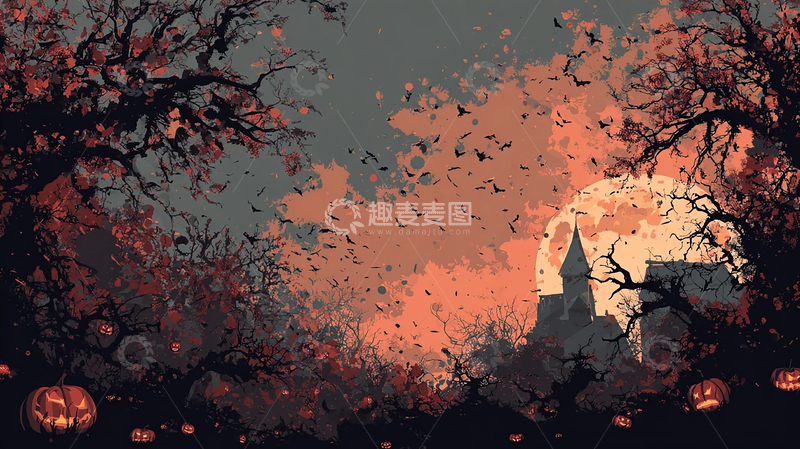 高清大图下载【趣麦麦图】阴森古堡的万圣节夜晚
