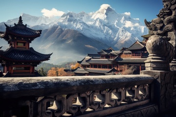 雪山脚下的古刹石桥建筑