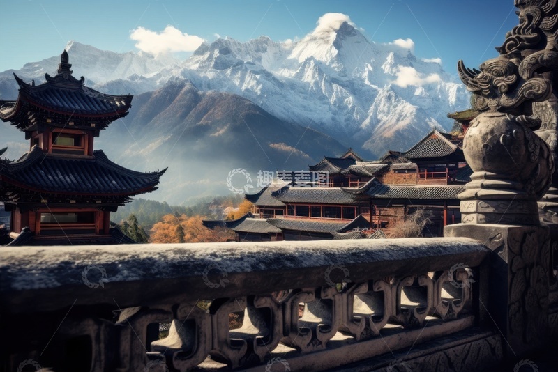 高清大图下载【趣麦麦图】雪山脚下的古刹石桥建筑