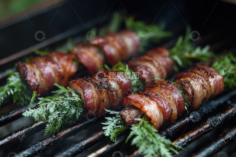 高清大图下载【趣麦麦图】放在烤架上的培根卷蔬菜
