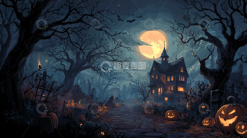 高清大图下载【趣麦麦图】幽暗森林中的诡异南瓜屋