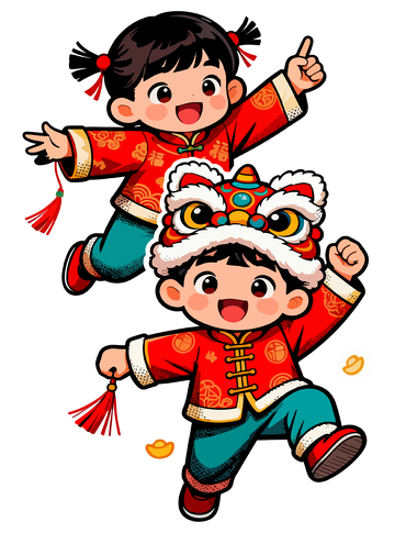 新年欢乐卡通舞狮插画