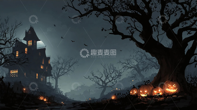 高清大图下载【趣麦麦图】幽灵古宅与南瓜灯夜