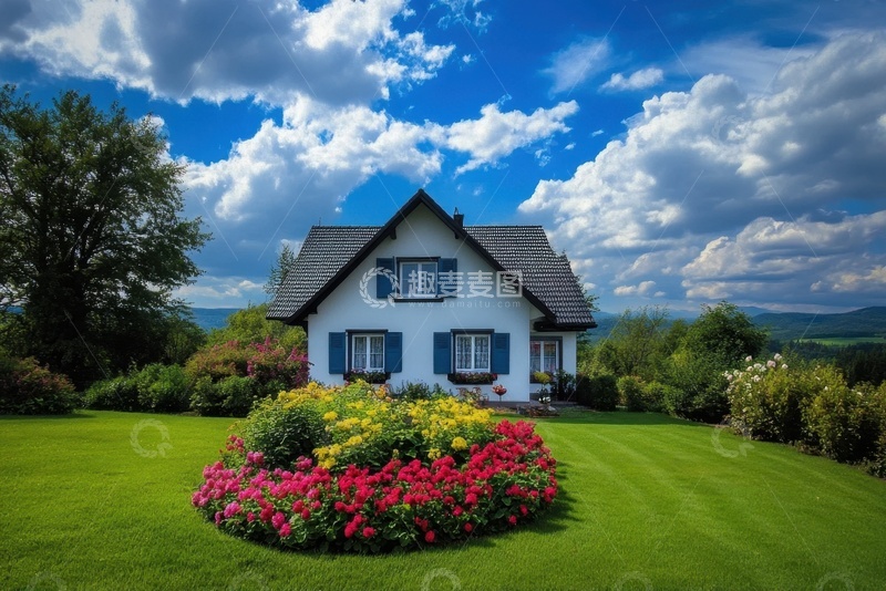 高清大图下载【趣麦麦图】花坛小房子绿草坪