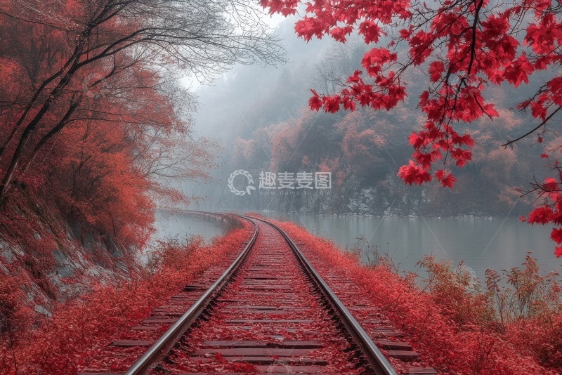 高清大图下载【趣麦麦图】秋季铺满红枫叶的轨道