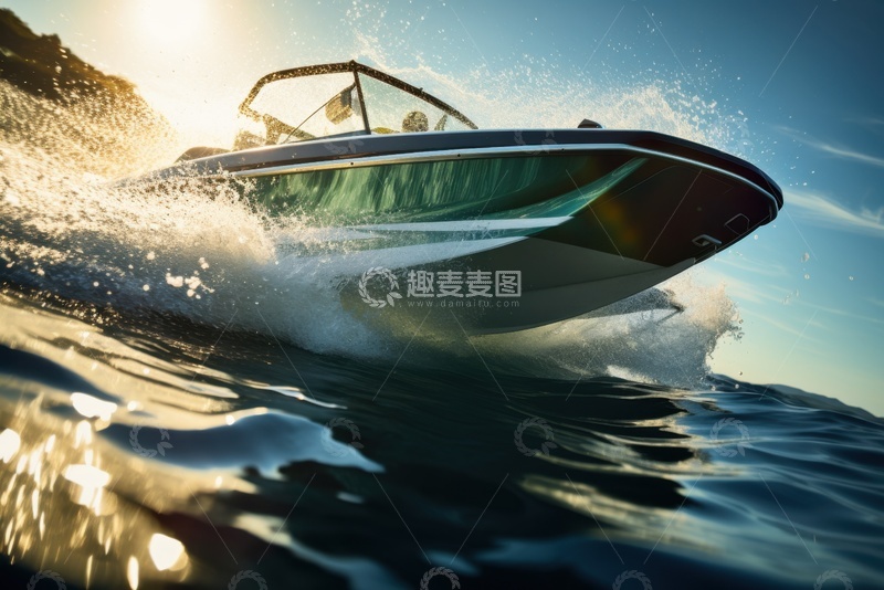 高清大图下载【趣麦麦图】大海上行驶的一辆汽艇