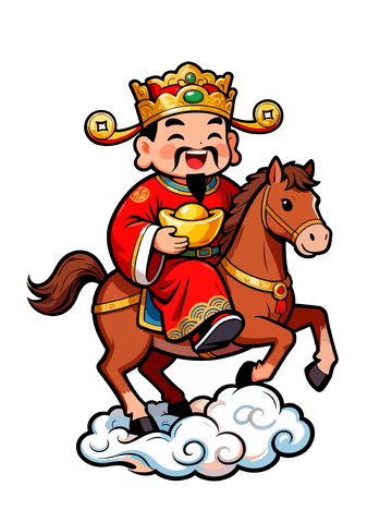 卡通财神骑马上云插画
