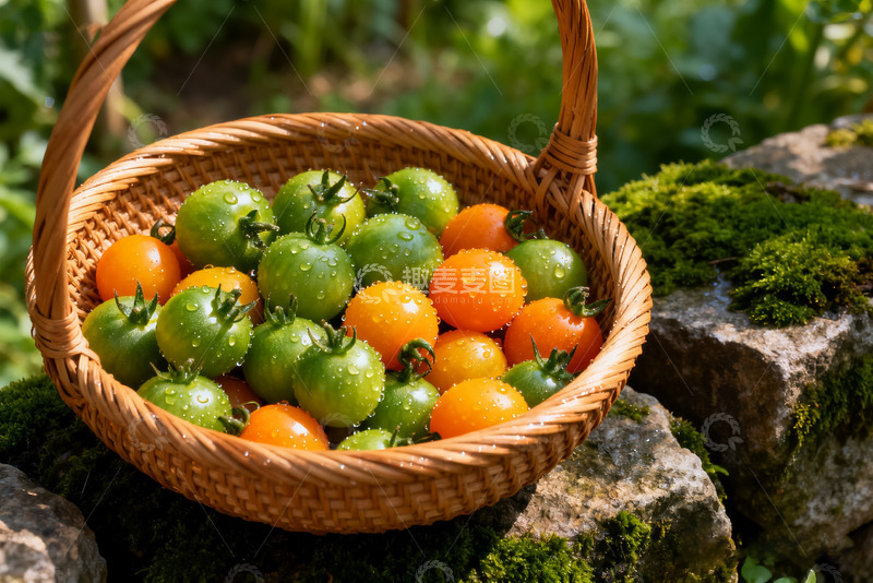 高清大图下载【趣麦麦图】藤篮中的多彩新鲜小番茄