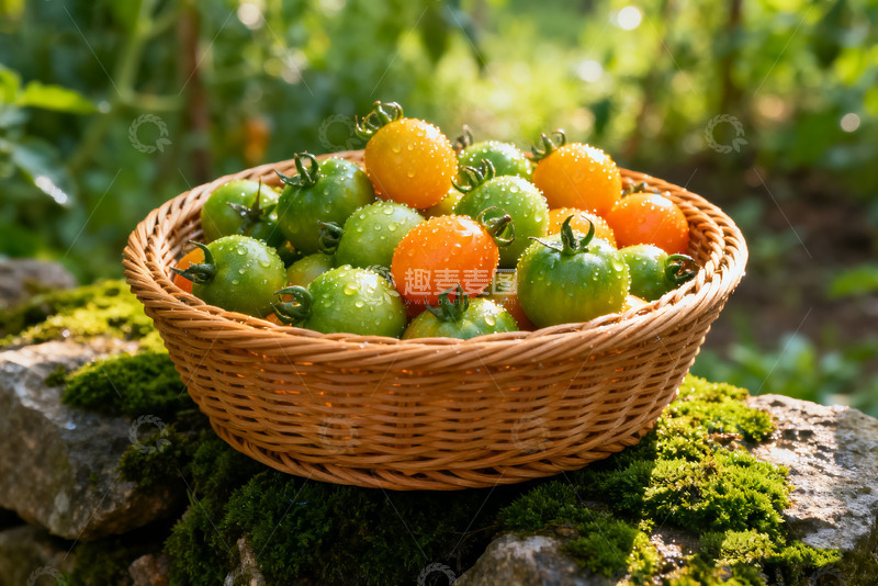 高清大图下载【趣麦麦图】-木桌上竹篮里的黄圣女果