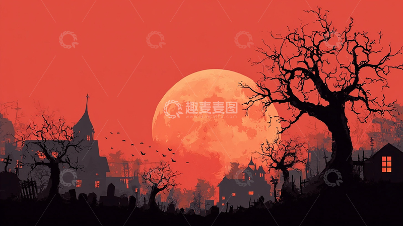 血月下的恐怖古镇夜景