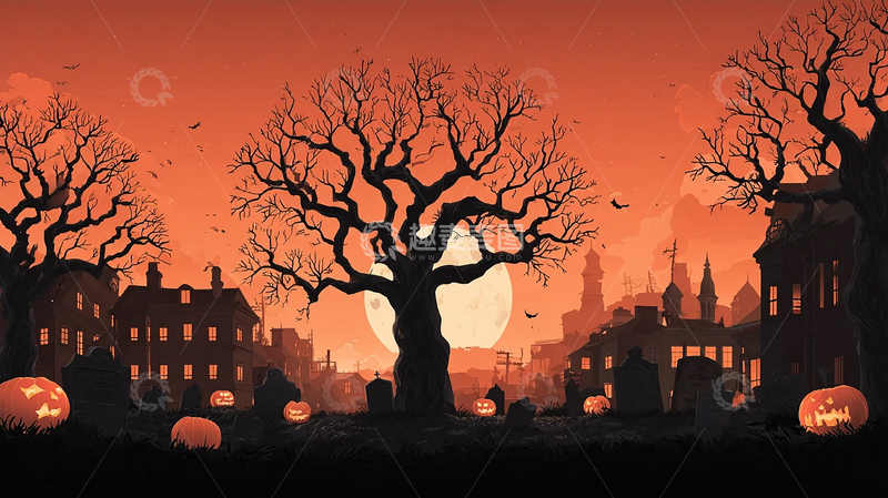 高清大图下载【趣麦麦图】恐怖南瓜夜晚墓地景象