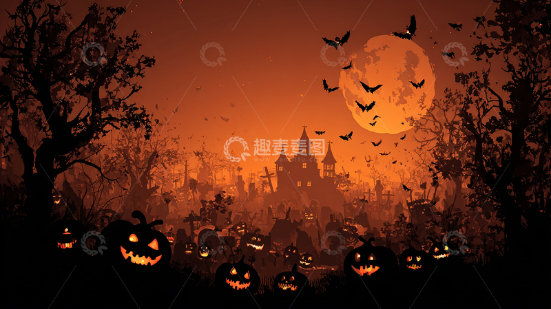 万圣节南瓜灯鬼屋夜景