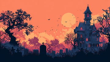 暮色下的鬼屋与墓地